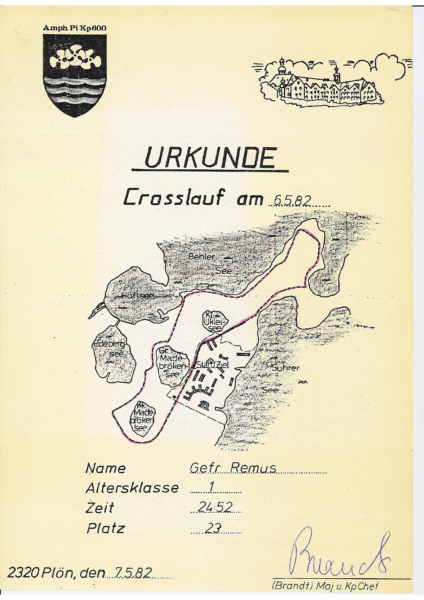 Urkunde Crosslauf Bundeswehr Plön 1982, Foto: R. Remus